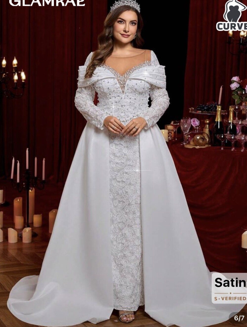 White Satin Lace Off-Shoulder Evening Dress